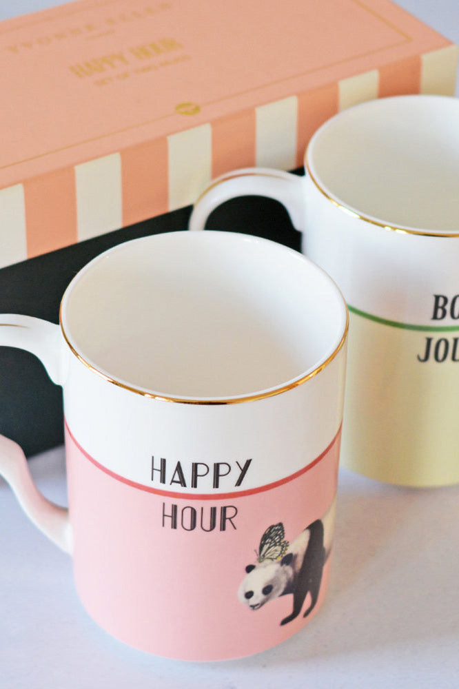 'Happy Hour' and 'Bonjour' Mugs, Set of 2